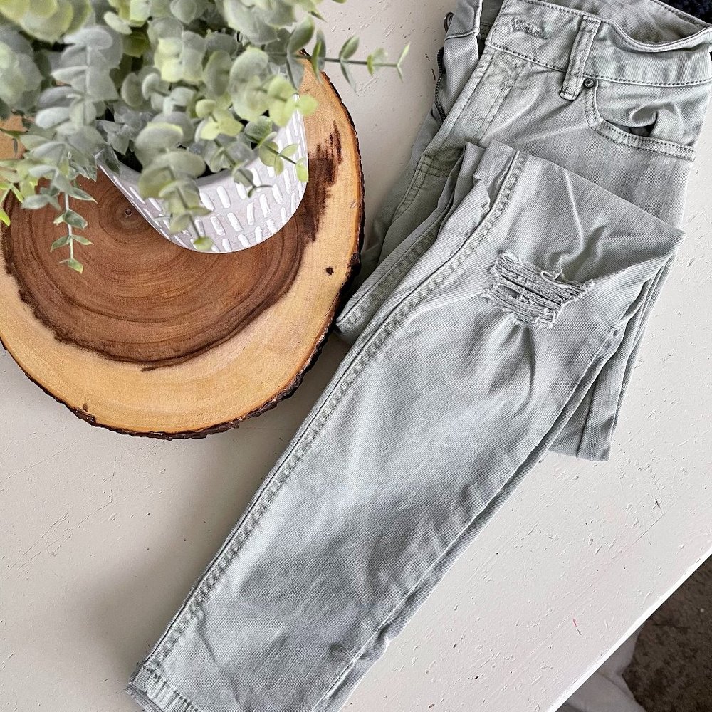 High Rise distressed skinny jeans- moss green